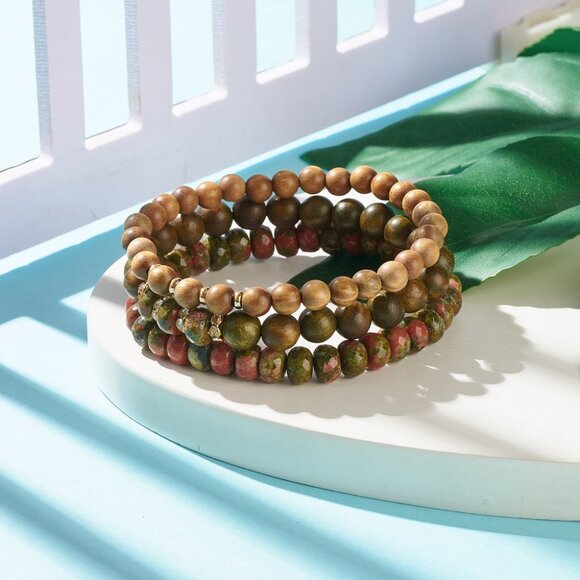 NWOT 3 piece stackable stretch bracelet Unakite Faceted gemstones 2/$25 - Picture 2 of 8